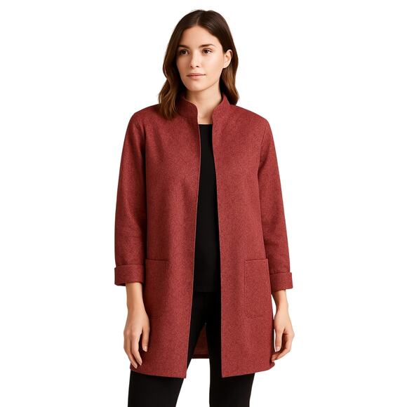 Chico's Jacquard Metallic Brocade Jacket Open Front Burgundy Gold Lurex Size 3 - Picture 1 of 7